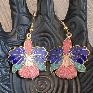 Vintage Cloisonne Orchid Enamel Earrings